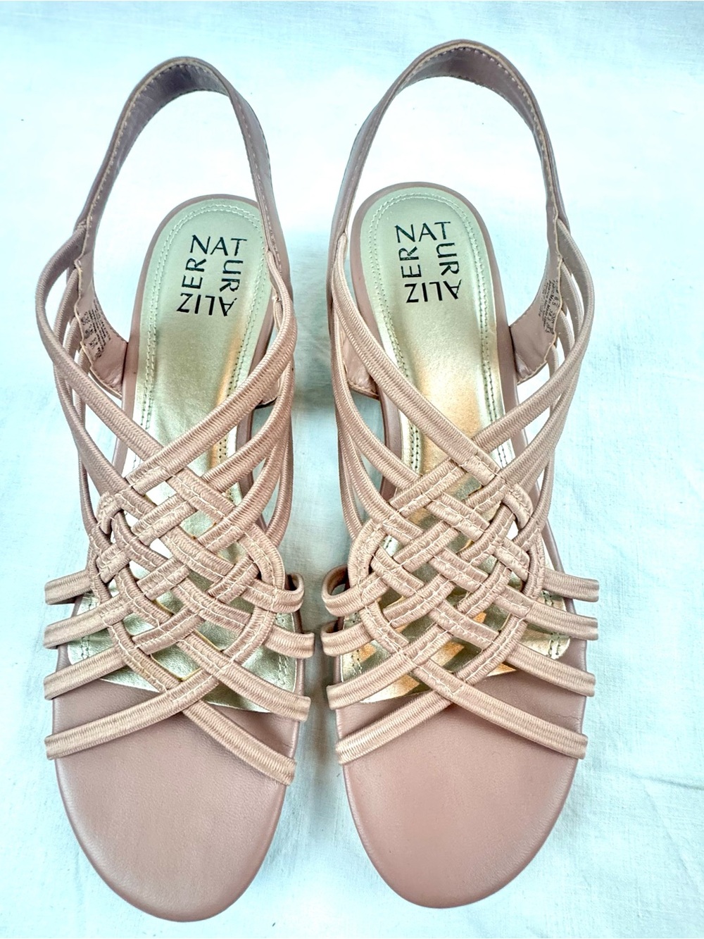 Naturalizer Rose Clay Pink Nude Woven Slingback Short Wedge Heel Sandals